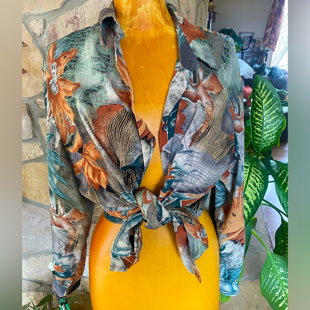 Vintage Alia floral Hawaiian boho Women's Top button blouse shirt cottagecore